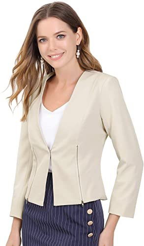 Women's Crop Collarless Blazers Suit Zip Decor Work Office Jackets Blazer